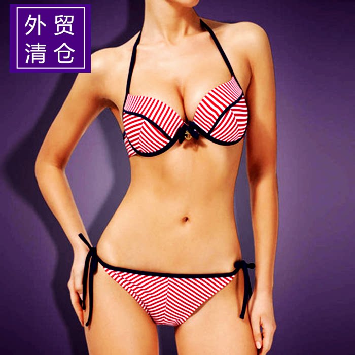 比基尼大胸分体钢托聚拢大罩杯大码沙滩条纹bikini性感女欧美大码