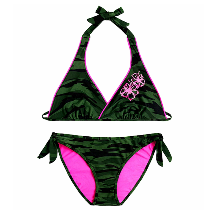 欧美cde大胸比基尼三点式挂脖性感游泳衣女军色两面穿无钢托泳装