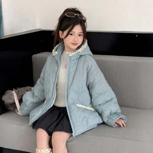 女童湖蓝色绗棉花边棉服2026新款洋气中大童连帽加厚绗棉百搭外套