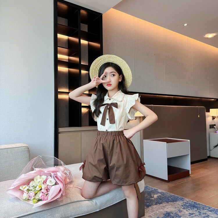 女童衬衫灯笼裤套装2023夏款中大童炸街时尚潮范短袖短裤两件套