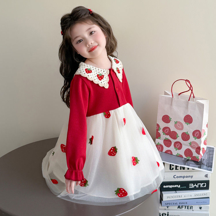 女童草莓连衣裙春2026秋款长袖娃娃领网纱公主裙中长裙儿童裙子,童装/婴儿装/亲子装,连衣裙,淘宝优惠券,粉丝福利购,淘宝优惠卷