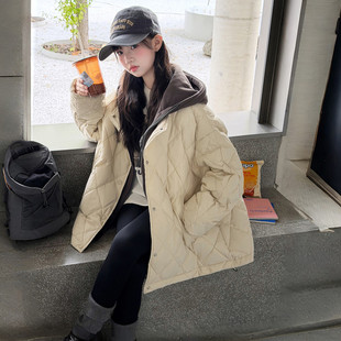 女童韩版菱格绗缝棉服2026秋冬新款连帽假两件撞色中长款保暖外套