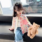 女宝中小童多巴胺纯棉长袖 秋季 上衣 2023新款 女童撞色口袋卡通衬衫