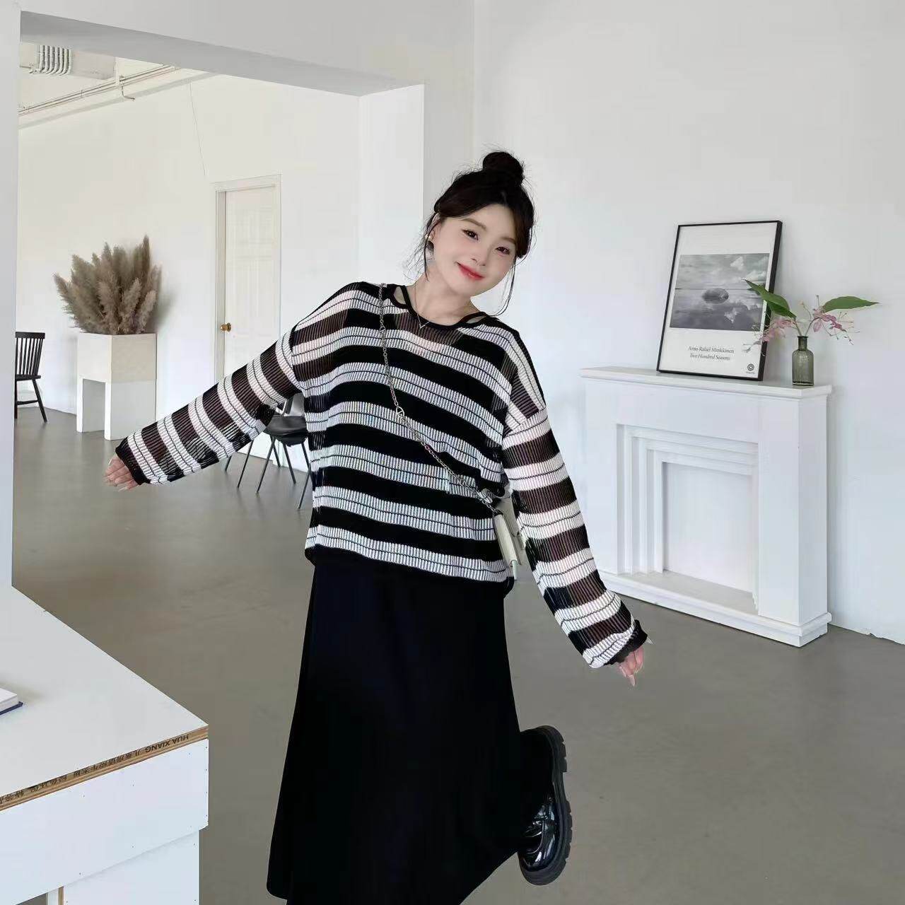 心心【慵懒条纹】通勤慵懒风罩衫+百搭背心裙大码显瘦套装