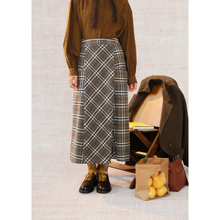 自然而蓝丨复古格纹毛边大口袋设计感半身裙 秋冬新品 原创自制