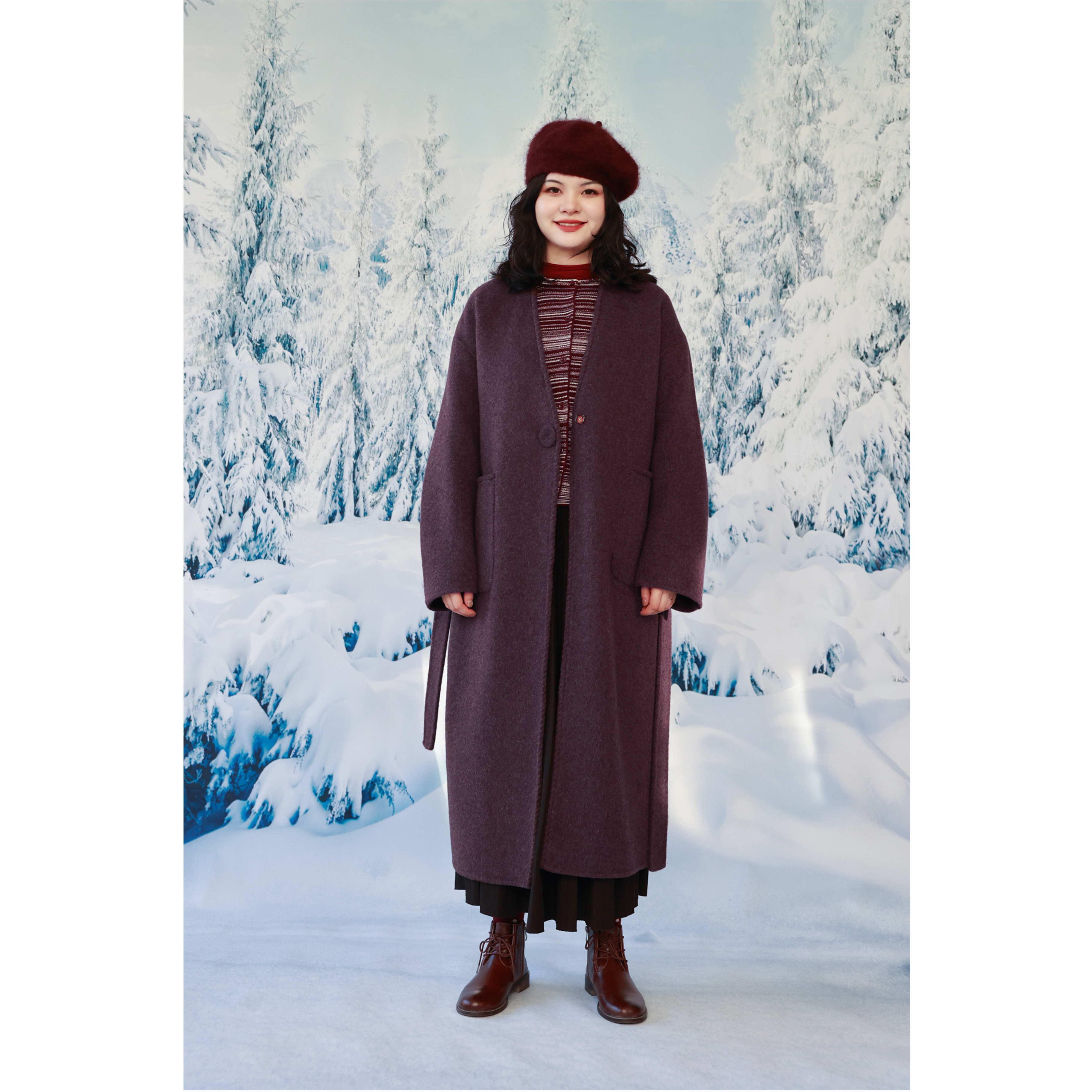 干枯玫瑰气质通勤V领双面呢大衣