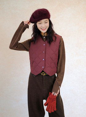 自然而蓝｜特殊处理面料 皮质感红色羽绒马甲24冬季原创自制 无补