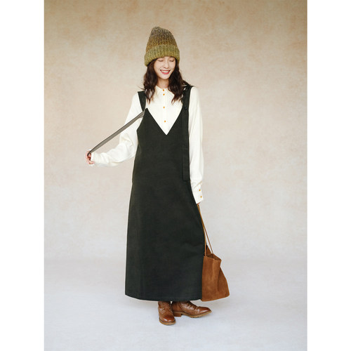 自然而蓝法式复古无袖背心连衣裙