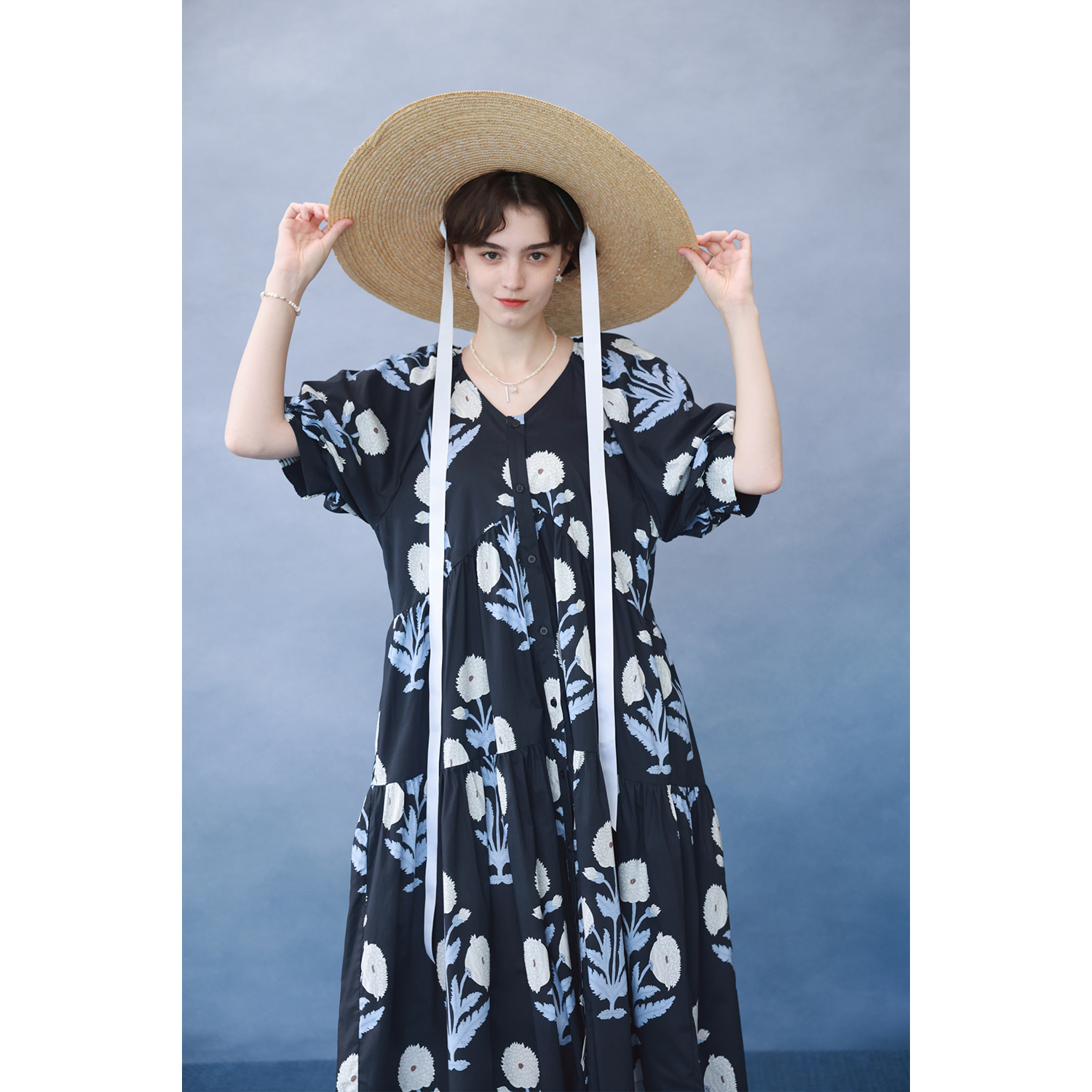 复古气质设计感印花中袖连衣裙