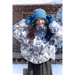 自然而蓝|鹅绒 艺术家气质立领印花羽绒服 25冬季新品