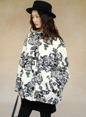 自然而蓝｜黑白剪花提花小立领文艺宽松短款外套   25冬季新品