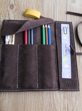 简约牛皮文具盒多功能真皮笔袋 手工文艺笔帘定制收纳包 篆刻刀套