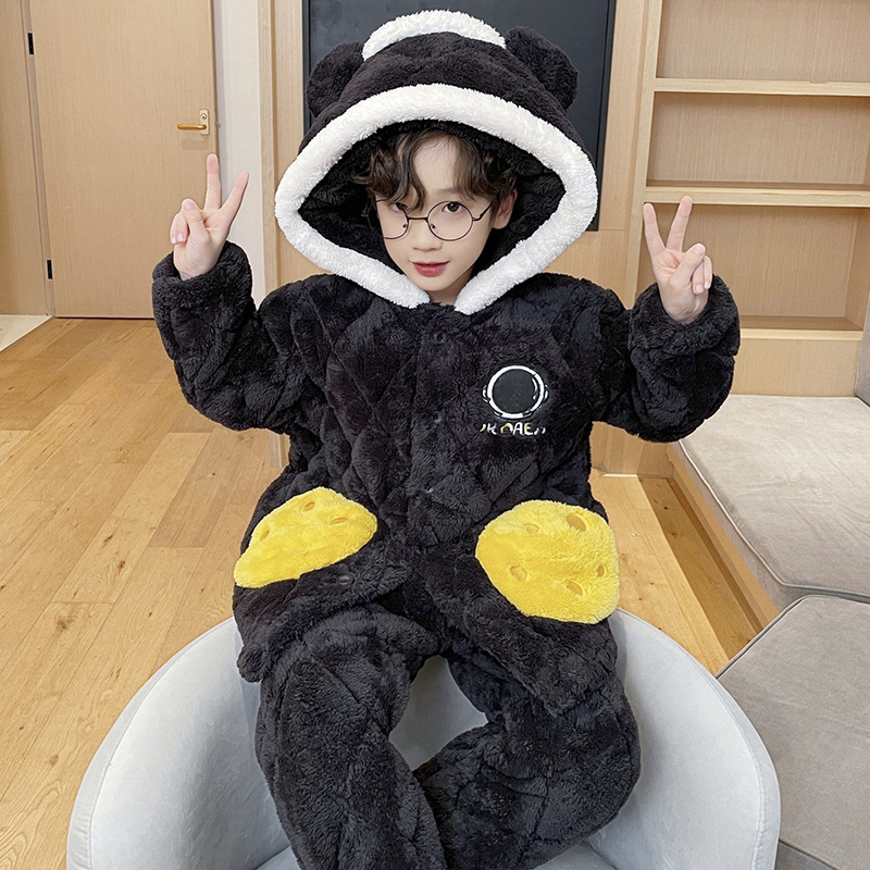 男童珊瑚绒睡衣冬季三层夹棉加厚