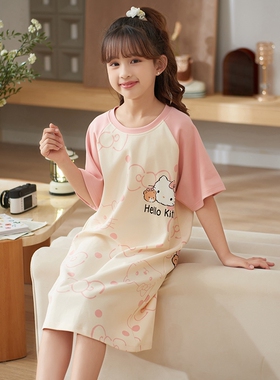 女童新款睡裙夏季短袖纯棉卡通HelloKitty公主风胖女生宽松家居服