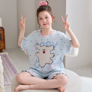卡通可爱风宽松中大小童家居服套装 女童睡衣纯棉夏季 薄款 短裤 短袖