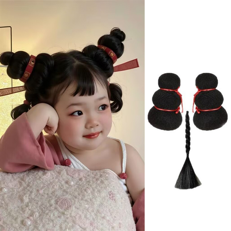 儿童汉服假发石矶娘娘同款假发古风一体式汉服cos造型假发包辫子