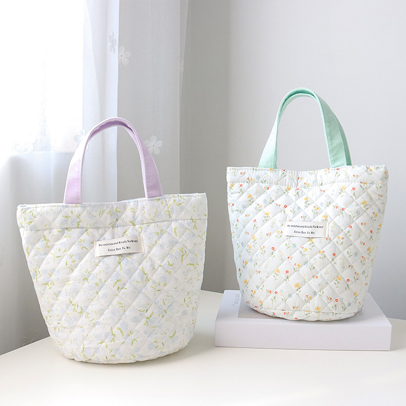 日式清新可爱女生手提小布袋轻便绗缝棉布水桶包圆形饭盒袋妈咪包