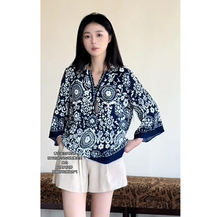 衬衫 V领凉感T恤宽松蓝色中袖 张七七 上衣 民族风印花常规款