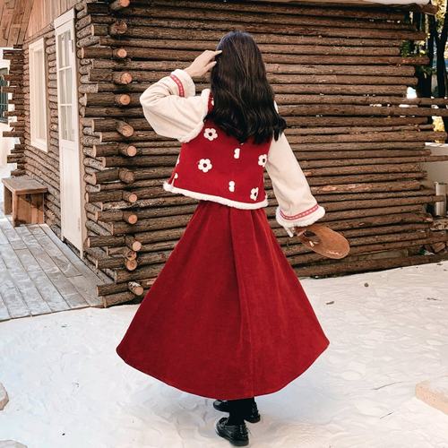 新年圣诞红色印花朵加绒套装毛绒拼接上衣半身裙国风新中式两件套