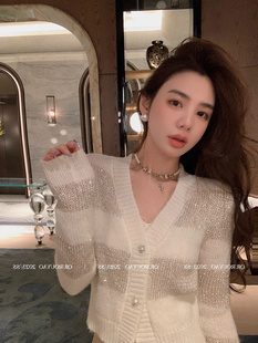 针织外套女秋季 上衣春装 新款 甜辣亮闪闪短款 小香风薄款 条纹开衫