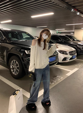 初一设计感小众露肩毛衣女秋冬外穿宽松慵懒高级感麻花针织上衣林