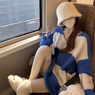 慵懒风毛衣女秋冬外穿中长款遮屁股V领针织下衣失踪配鲨鱼裤上衣