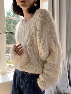 镂空白色麻花圆领马海毛套头上衣百搭毛衣女宽松设计感高级 春秋