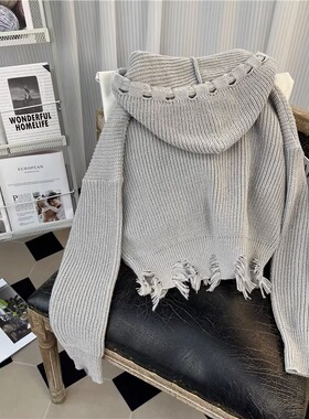 灰色高级感短款连帽毛衣外套女秋装新款女装破洞双拉链针织开衫冬