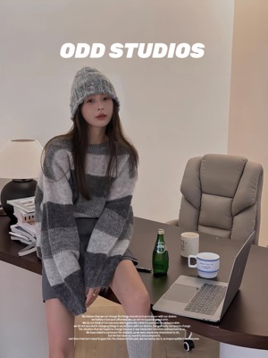 现货秒发灰色上衣条纹薄款毛衣