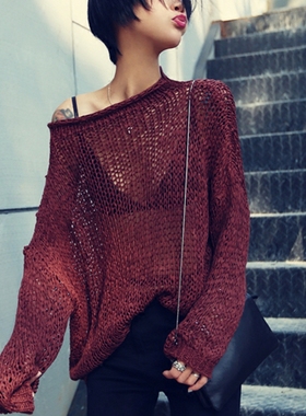 镂空罩衫早秋新款女装露肩针织网衫短款酒红色上衣慵懒风毛衣外搭