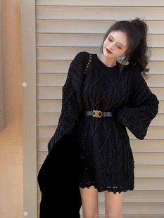 毛衣女遮屁股 黑色中长款 秋冬新款 宽松慵懒风麻花毛衣裙搭配靴子