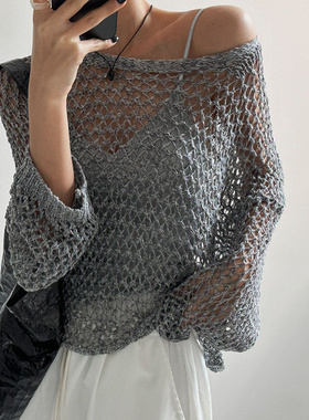 韩版纯欲风灰色镂空罩衫女2024秋季新款小众百搭设计感外搭针织衫