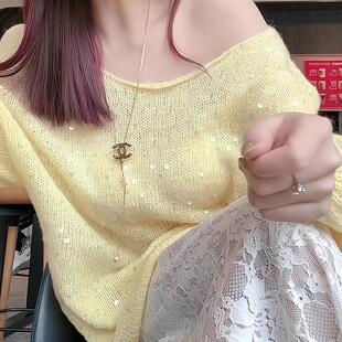 女新款 金丝亮片针织衫 春一字肩马海毛上衣Aeo 星熠流光 Always