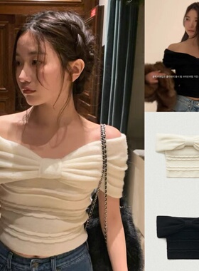 net八奶修身气质氛围感蝴蝶结一字肩针织衫女秒发2025春夏theBar*