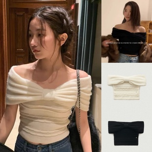 女秒发2025春夏theBar net八奶修身 气质氛围感蝴蝶结一字肩针织衫