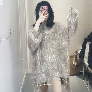 钉珠毛衣女秋冬新款2024很仙的上衣泰国重工宽松针织衫中长款秋季