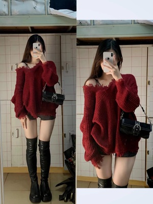 送运费险红色毛衣女露肩针织上衣