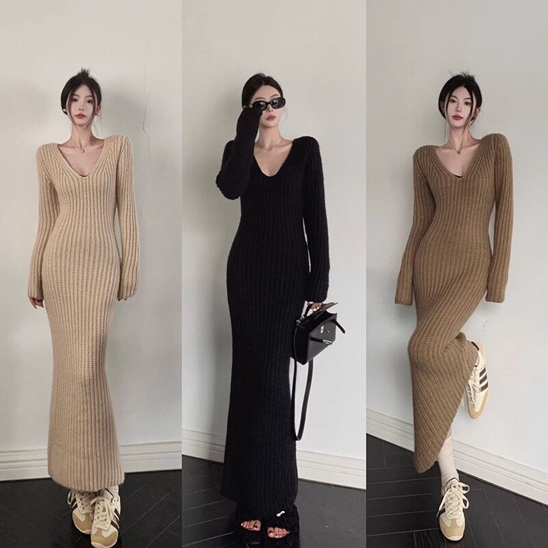 韩版简约慵懒风V领针织连衣裙女秋冬新款收腰显瘦复古内搭包臀裙,女装/女士精品,大码连衣裙,淘宝优惠券,粉丝福利购,淘宝优惠卷