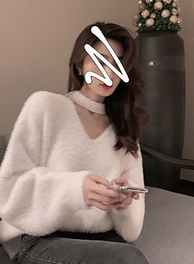水貂绒毛衣女加厚秋季2022新款圣诞节新款v领挂脖红色毛衣冬装