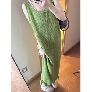 气质显白绿色连衣裙女夏季长款针织裙宽松慵懒无袖背心裙早秋长裙