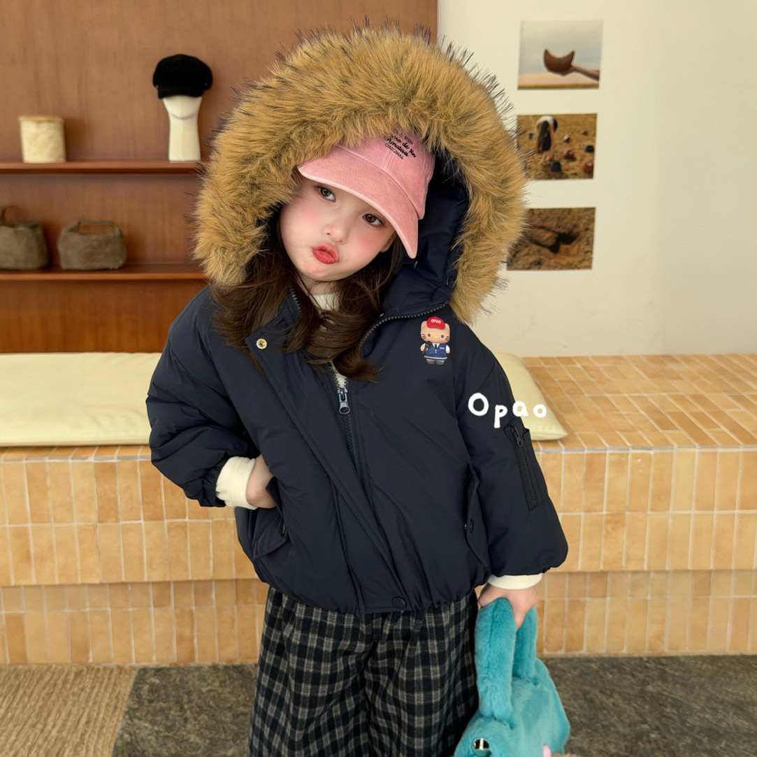 Opao 26冬女童毛领棒球服夹棉外套5077 加绒叠穿格子直筒裤5011