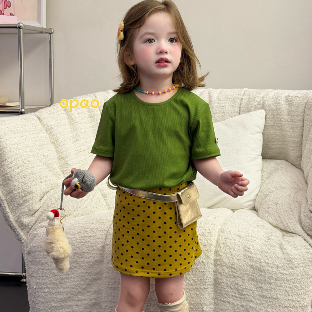 Opao&bull;26夏~女童绿色简约坑条短袖8077 黄色波点裙裤8072