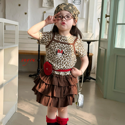 26夏 苏右 女童豹纹假两件短袖562220 棕色半裙562211