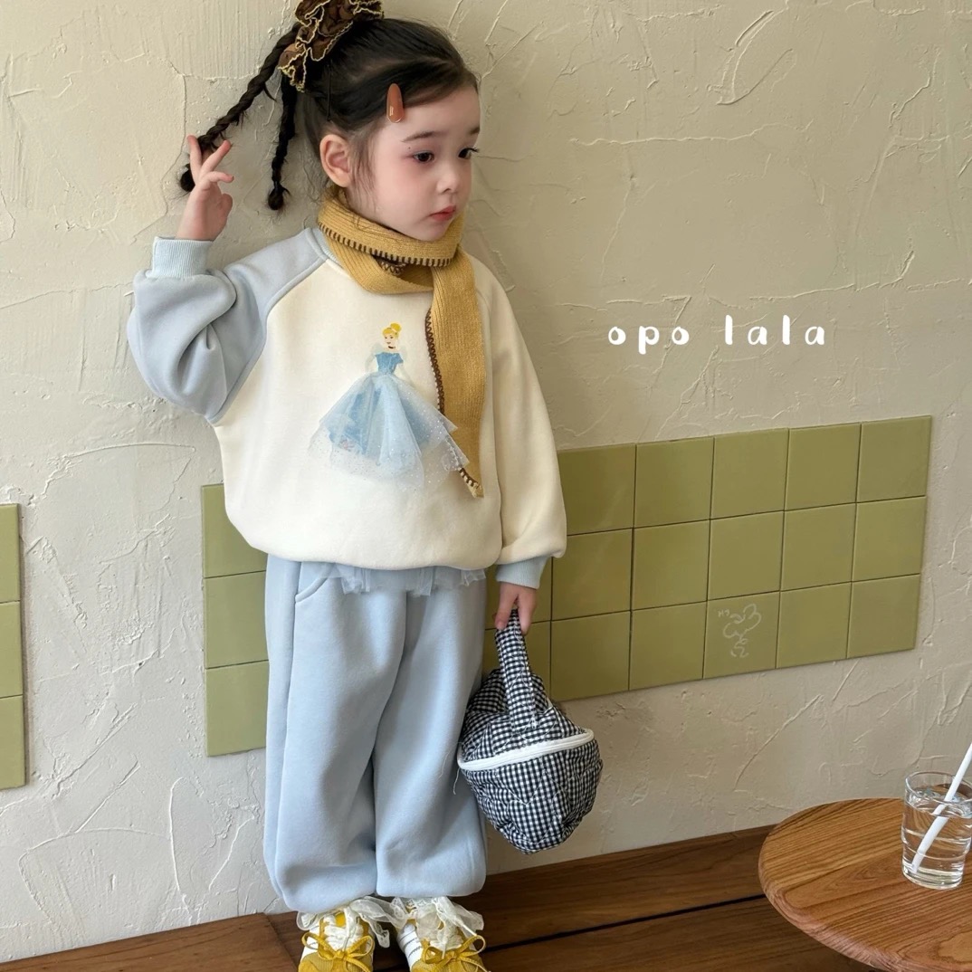Opolala 25冬女童圆领加绒套装 卡通印花卫衣+束脚裤两件套7080