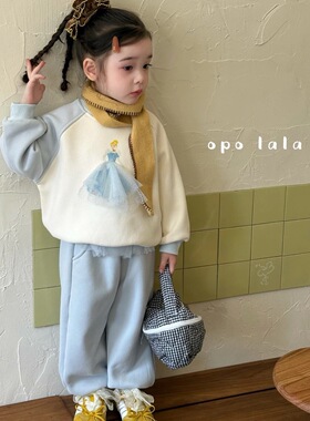 Opolala 25冬女童圆领加绒套装 卡通印花卫衣+束脚裤两件套7080