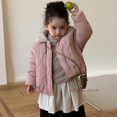 草房子 25冬 5373女童简约纯色葫芦格加厚夹棉毛毛外套