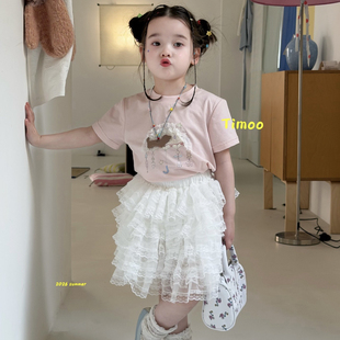 女童粉色蕾丝小伞短袖 6718白色蕾丝半裙7259 Timoo 26夏