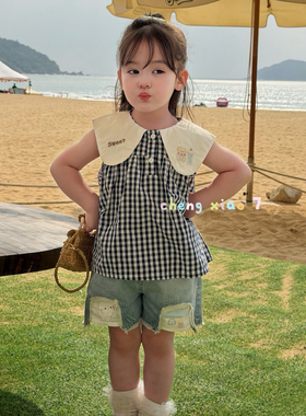 26夏 橙小七 女童翻领格子娃娃衫26553牛仔贴布短裤26296