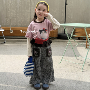 26秋 TF 女童灰色豹纹直筒裤休闲裤616018 粉色假两件T恤611405