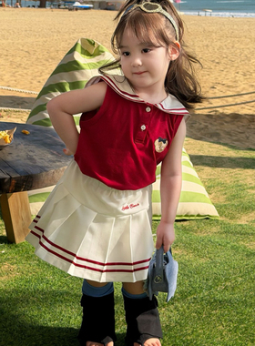 26夏 橙小七 女童红色卡通翻领背心+百褶裙两件套26372